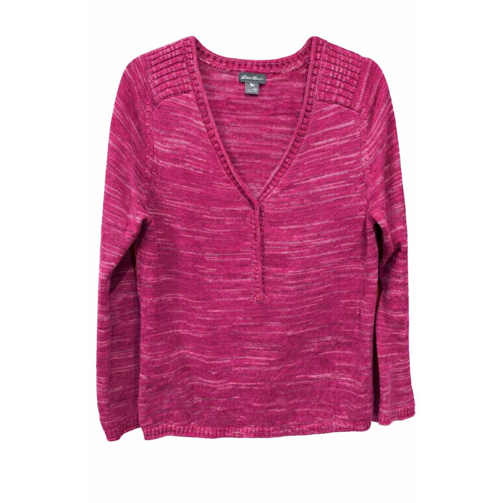 Eddie‎ Bauer Petite Medium Vintage Heathered Pink Henley Sweater Cotton V Neck